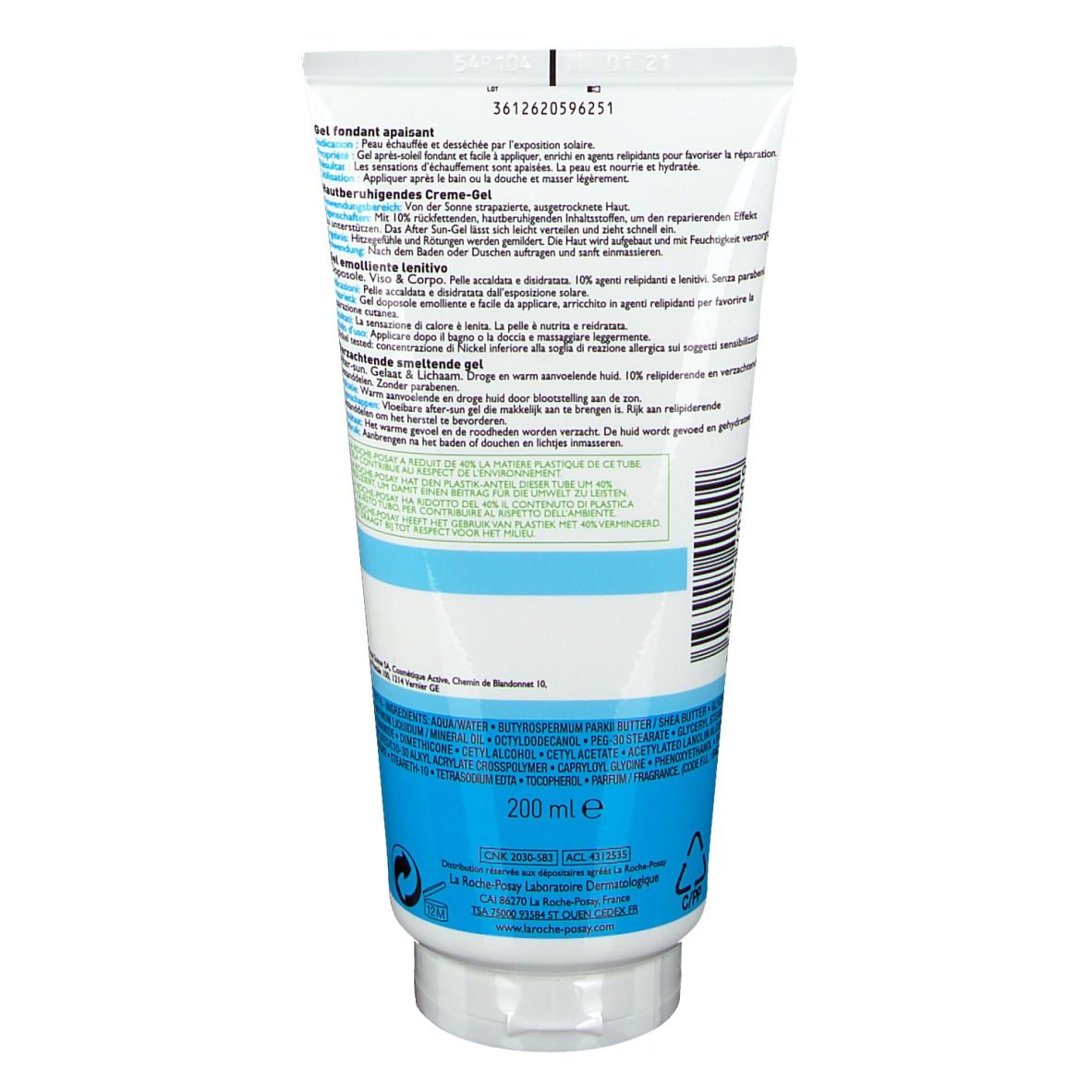 Rückseite einer weißen Tube. Text in mehreren Sprachen. Blaue Streifen. 200 ml. La Roche-Posay.
