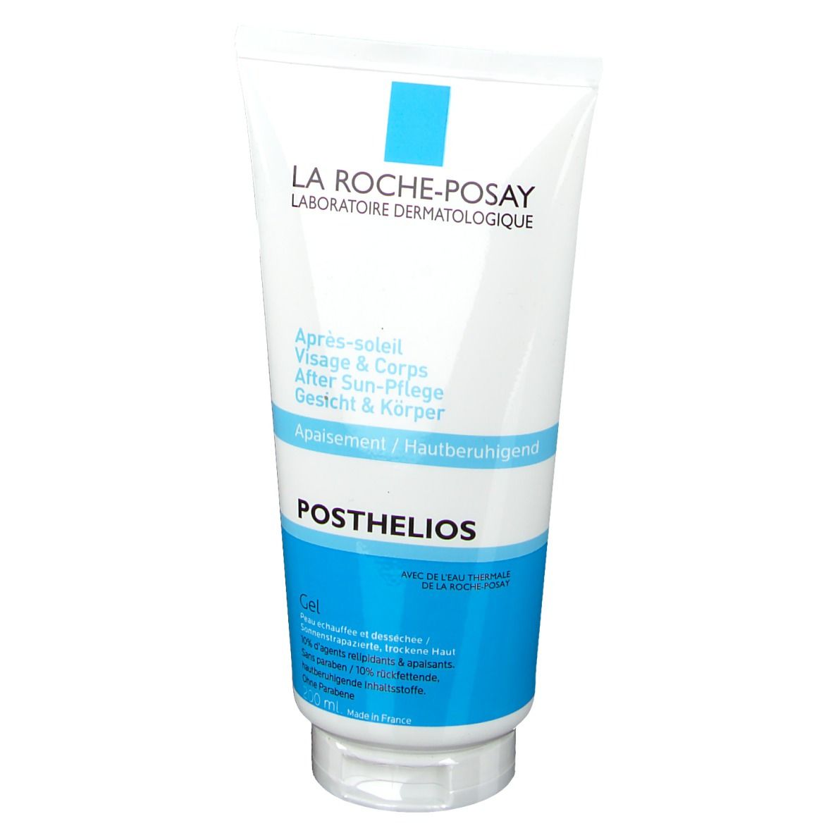 Weiße Tube mit blauem Streifen. Aufschrift: La Roche-Posay, POSTHELIOS, Après-soleil. 200 ml.