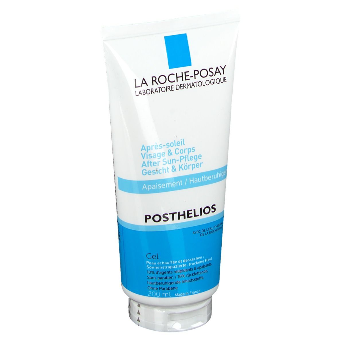 Weiße Tube mit blauem Streifen. Aufschrift: La Roche-Posay, POSTHELIOS, Après-soleil. 200 ml.