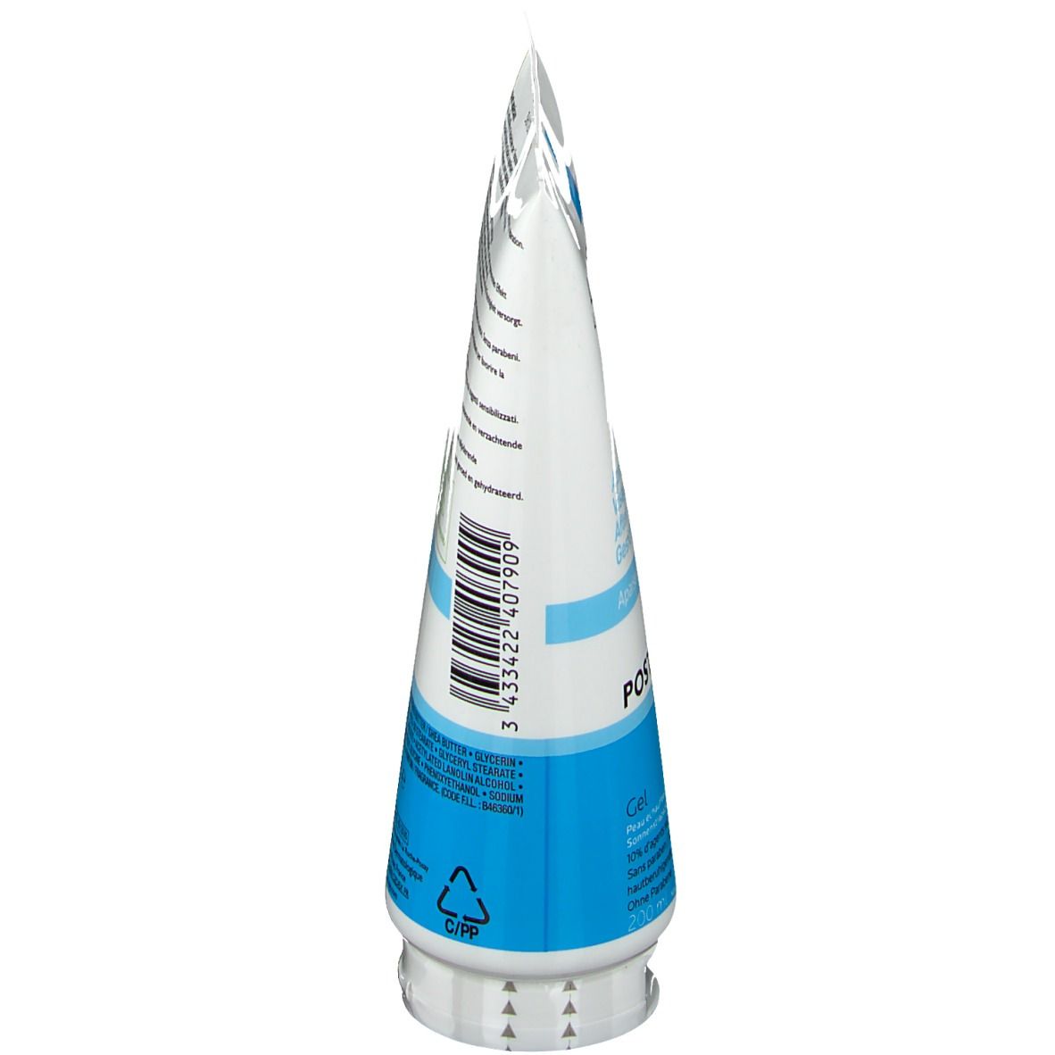 Weiße Tube, blaue Streifen, Aufschrift POSTHELIOS. 200 ml. La Roche-Posay. Seitliche Ansicht.