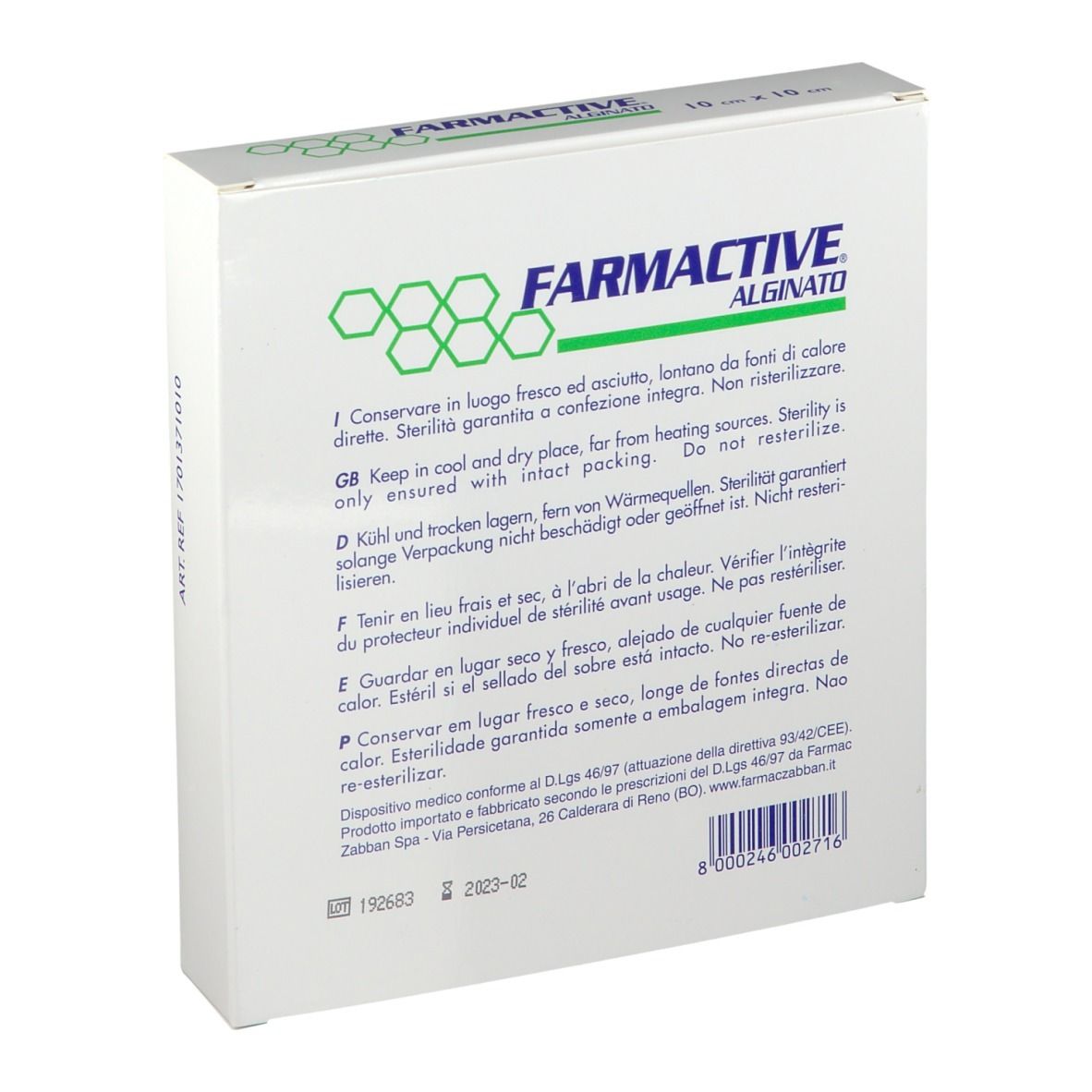 Retro della confezione Farmactive Alginato. 10 x 10 cm. Dispositivo medico. Sterile, senza lattice.