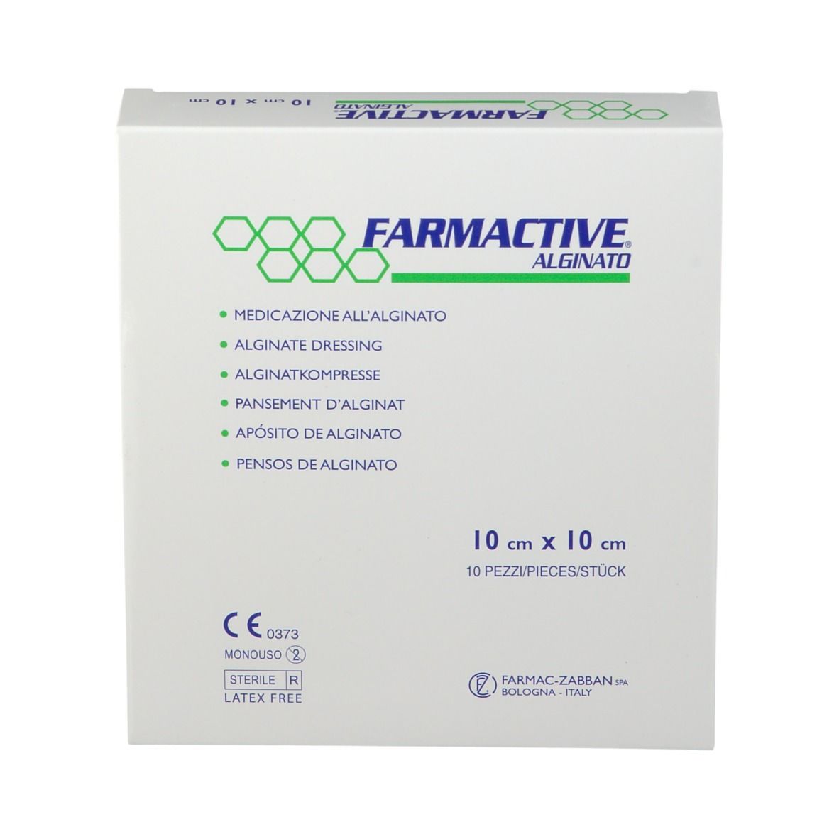 Confezione di Farmactive Alginato, 10 x 10 cm, 10 pezzi. Dispositivo medico. Sterile, senza lattice.