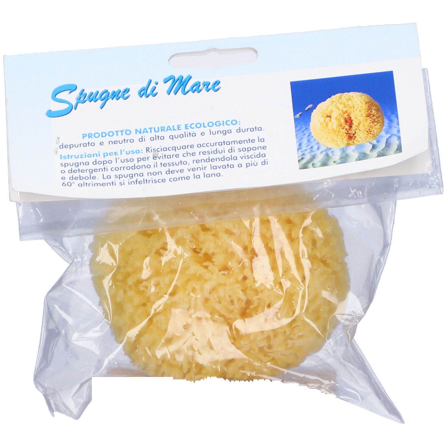 Spugna naturale gialla in confezione plastica. Etichetta 'Spugne di Mare'.