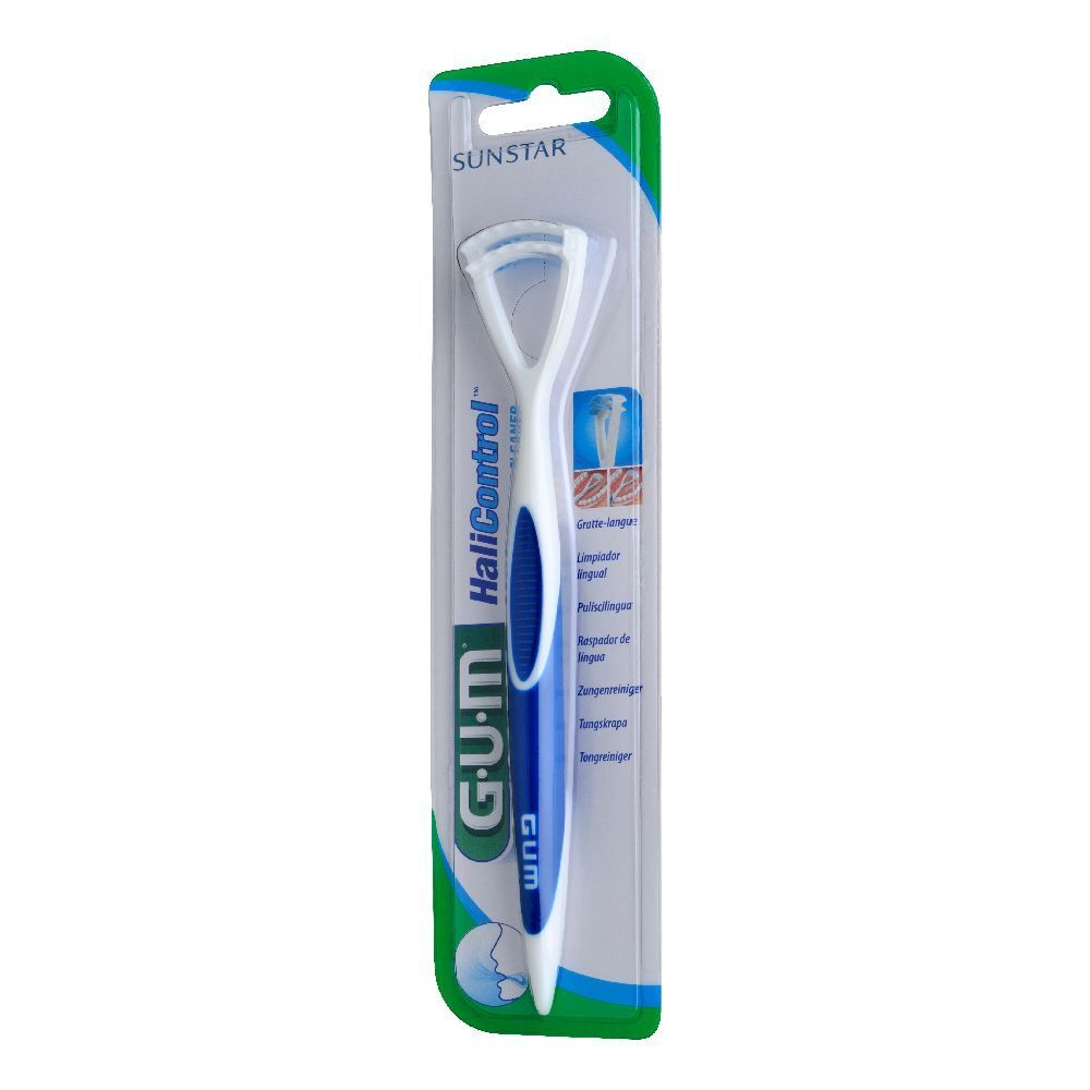 Puliscilingua G.U.M. HaliControl in confezione. Testa bianca, manico blu. Logo Sunstar.