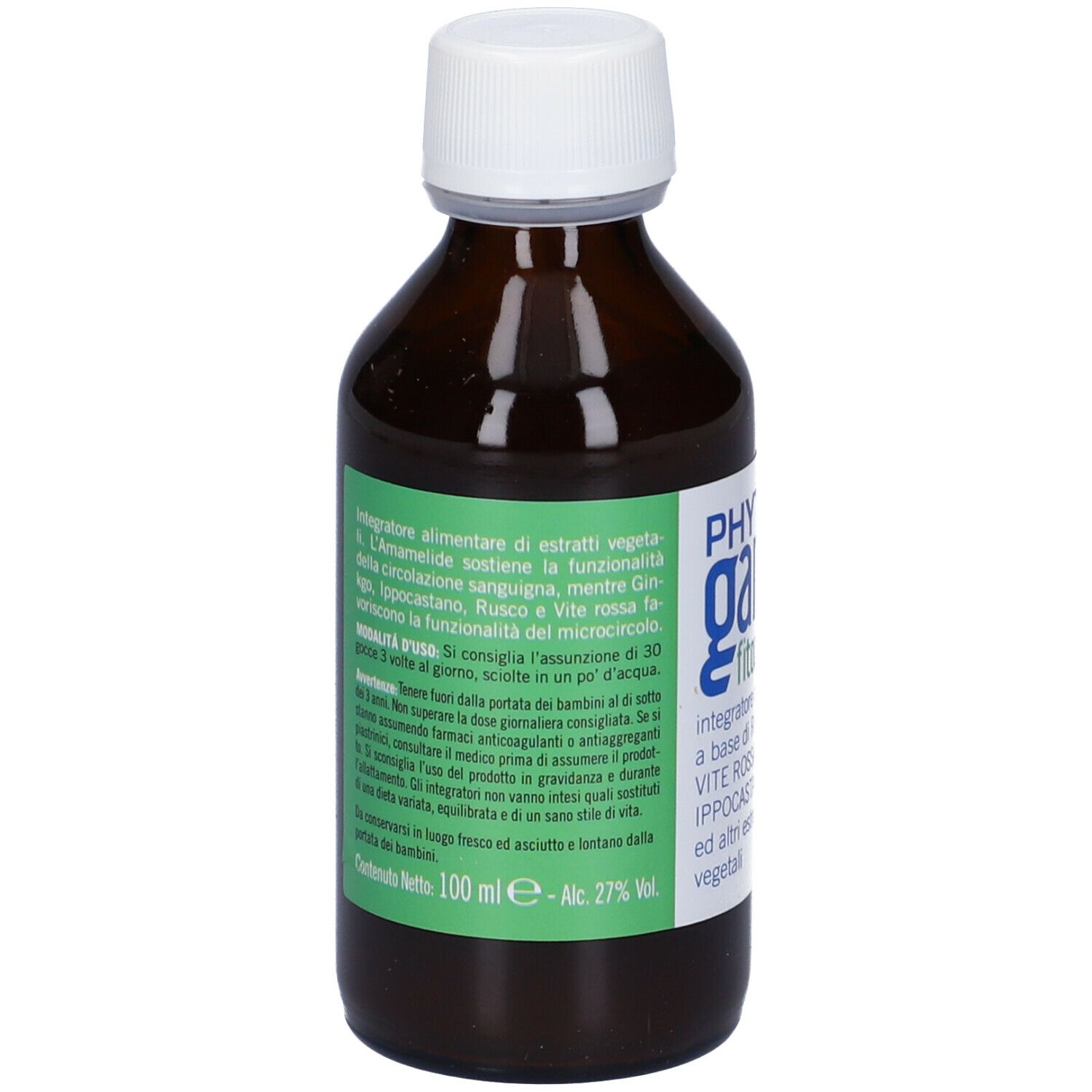 Flacone di vetro marrone con tappo bianco. Etichetta con informazioni sul prodotto, ingredienti e produttore.