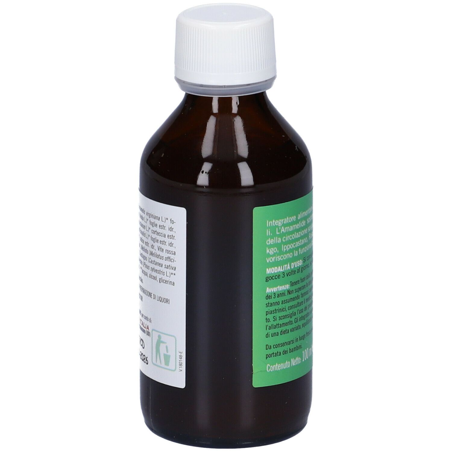 Flacone di vetro marrone con tappo bianco. Etichetta con informazioni sul prodotto, ingredienti e produttore.