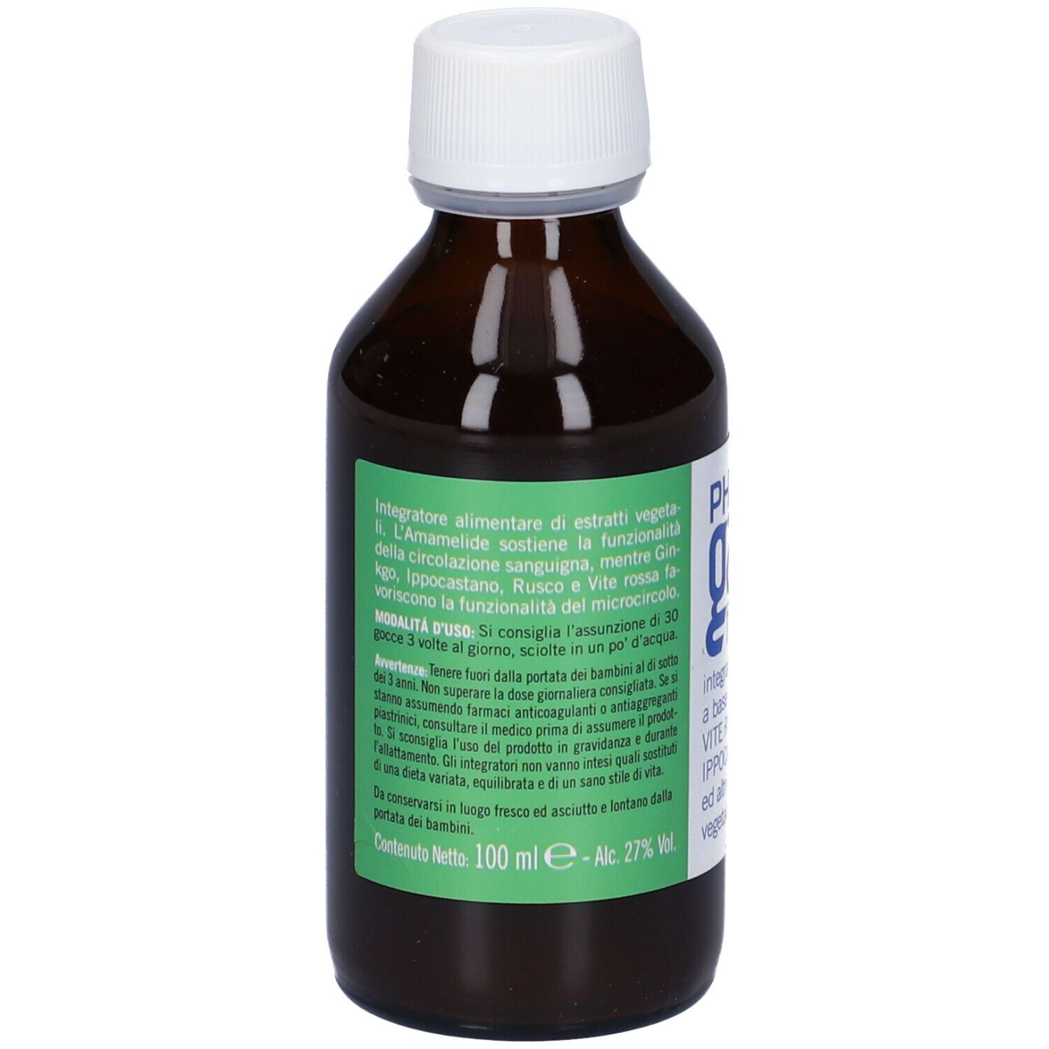 Flacone di vetro marrone con tappo bianco. Etichetta con informazioni sul prodotto, ingredienti e produttore.