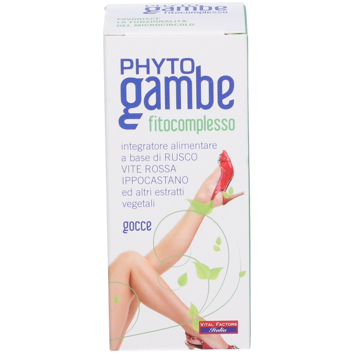 Scatola bianca con nome del prodotto e illustrazione di gamba. Il prodotto non è visibile.