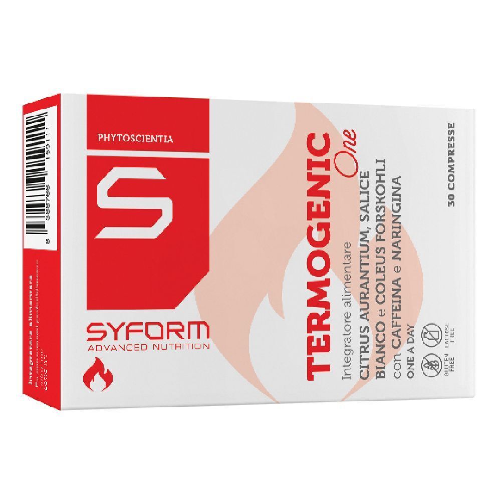 Scatola bianca e rossa con informazioni sul prodotto. Scritta: Termogenic One, 30 compresse. Marchio: Syform.