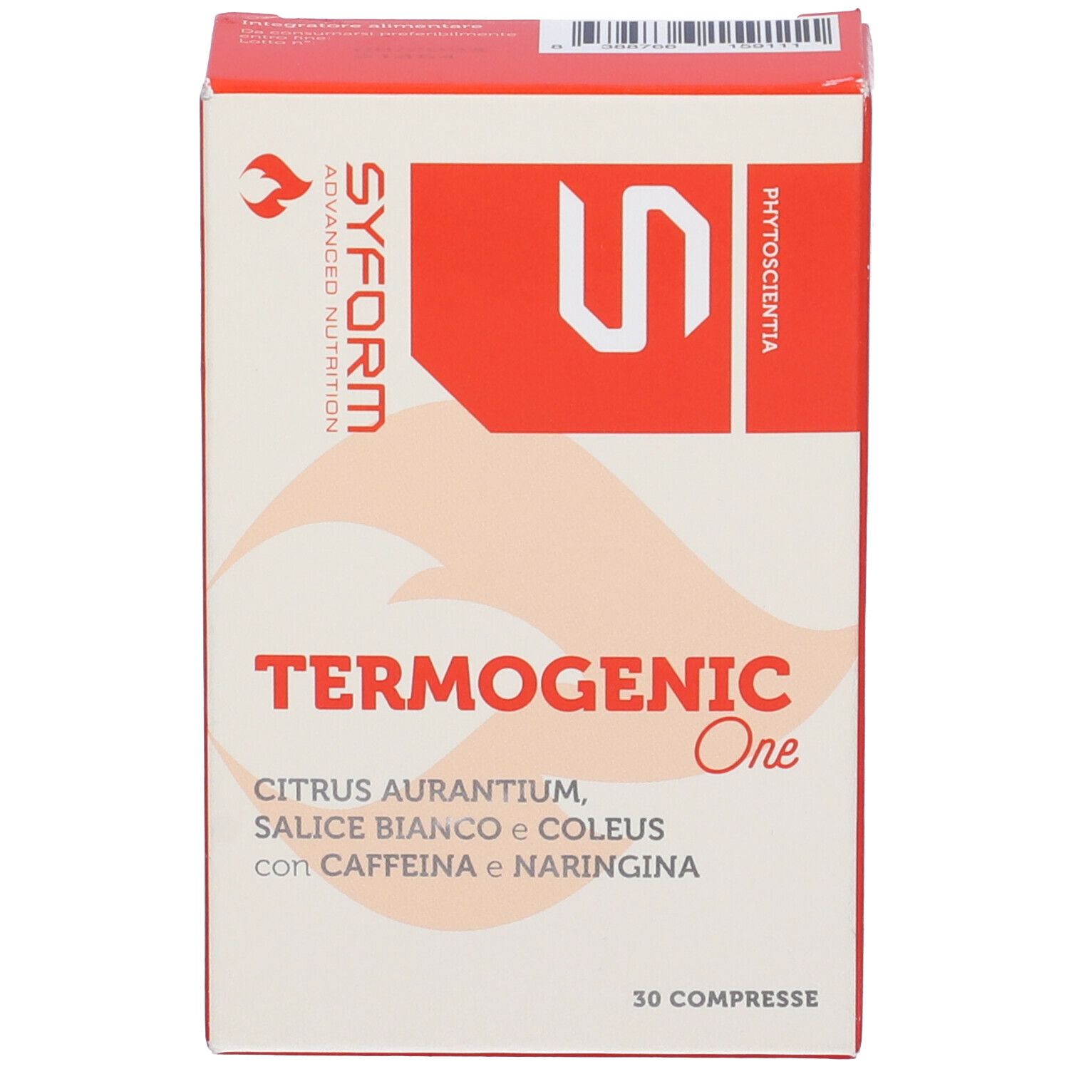 Confezione del prodotto. Scatola rossa e bianca. Scritta: Termogenic One, 30 compresse. Marchio: Syform.