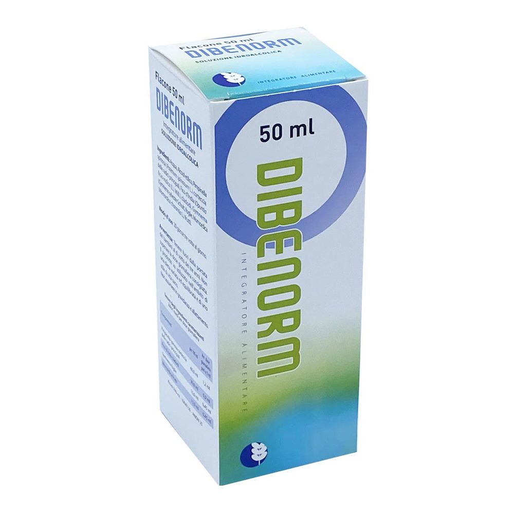 Scatola con stampa del prodotto. Colori blu e bianco. Scritta: DIBENORM, 50 ml.