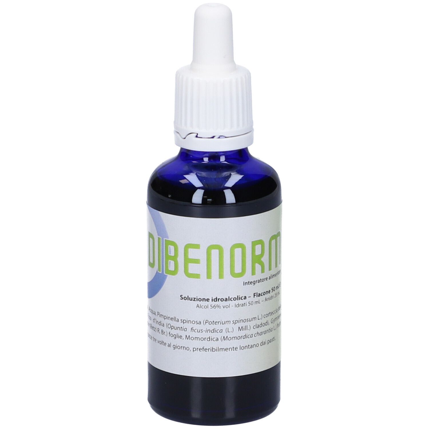 Flacone di vetro blu con contagocce bianco. Scritta: DIBENORM. Etichetta con ingredienti e istruzioni.