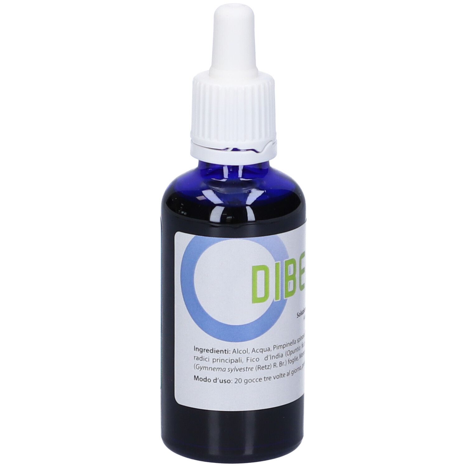 Flacone di vetro blu con contagocce bianco. Scritta: DIBENORM. Etichetta con ingredienti e istruzioni.