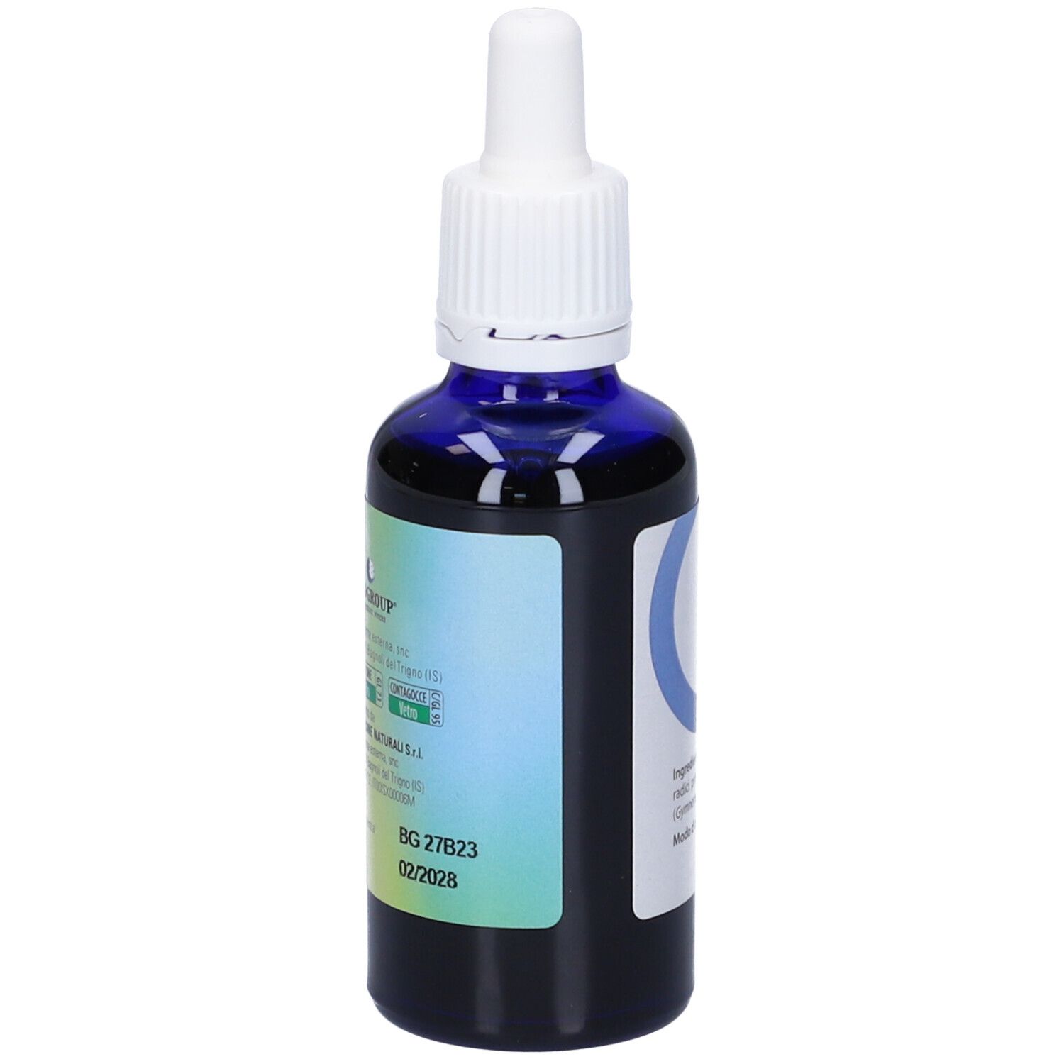 Flacone di vetro blu con contagocce bianco. Scritta: DIBENORM. Etichetta con ingredienti e istruzioni.