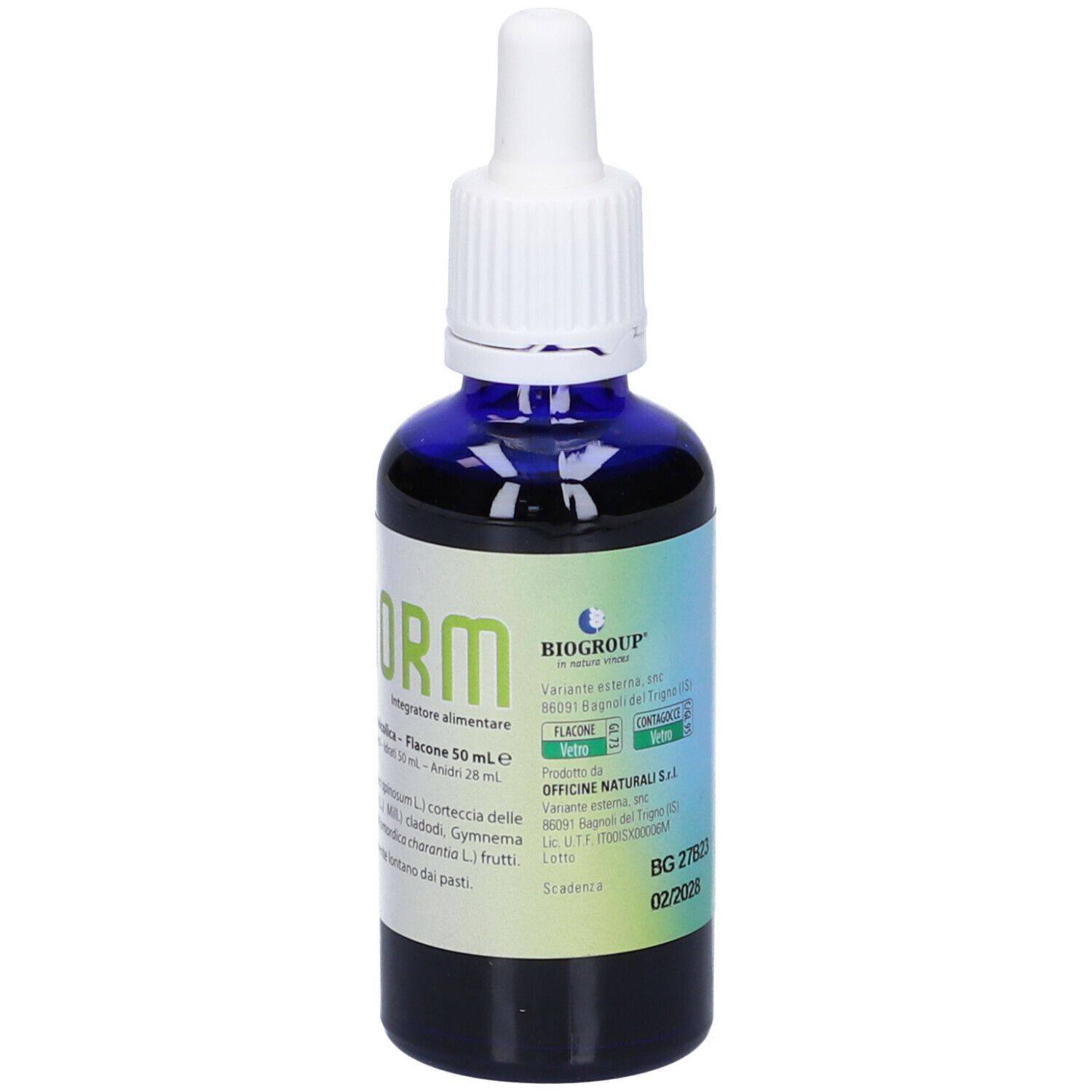 Flacone di vetro blu con contagocce bianco. Scritta: DIBENORM. Etichetta con ingredienti e istruzioni.