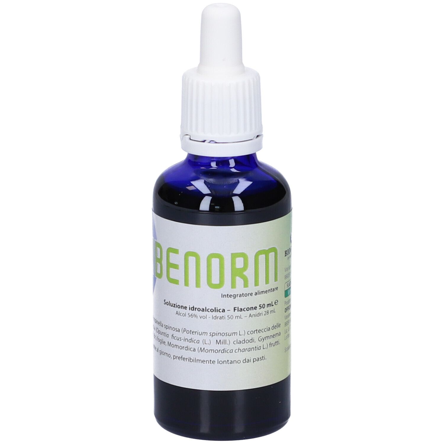 Flacone di vetro blu con contagocce bianco. Scritta: DIBENORM. Etichetta con ingredienti e istruzioni.
