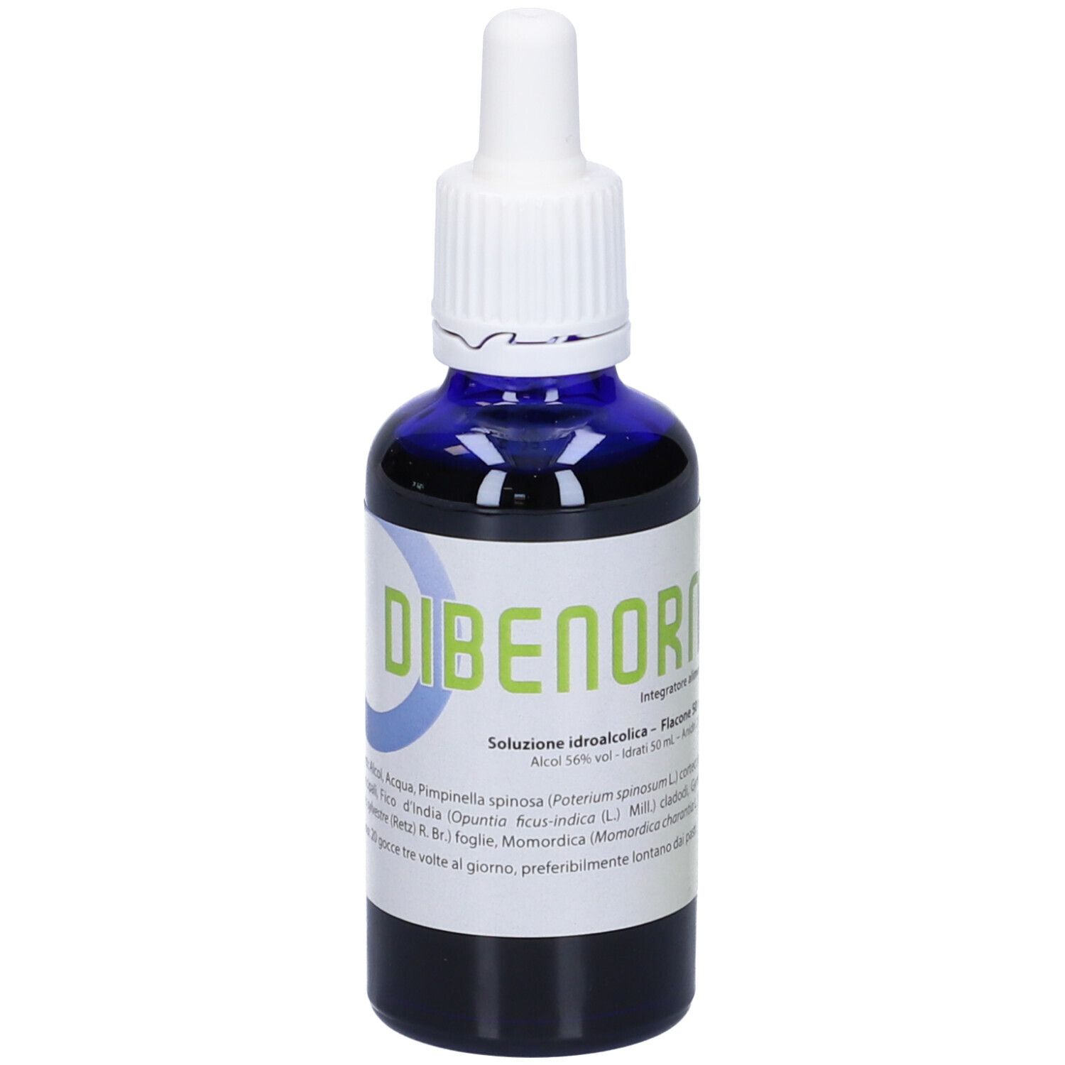 Flacone di vetro blu con contagocce bianco. Scritta: DIBENORM. Etichetta con ingredienti e istruzioni.