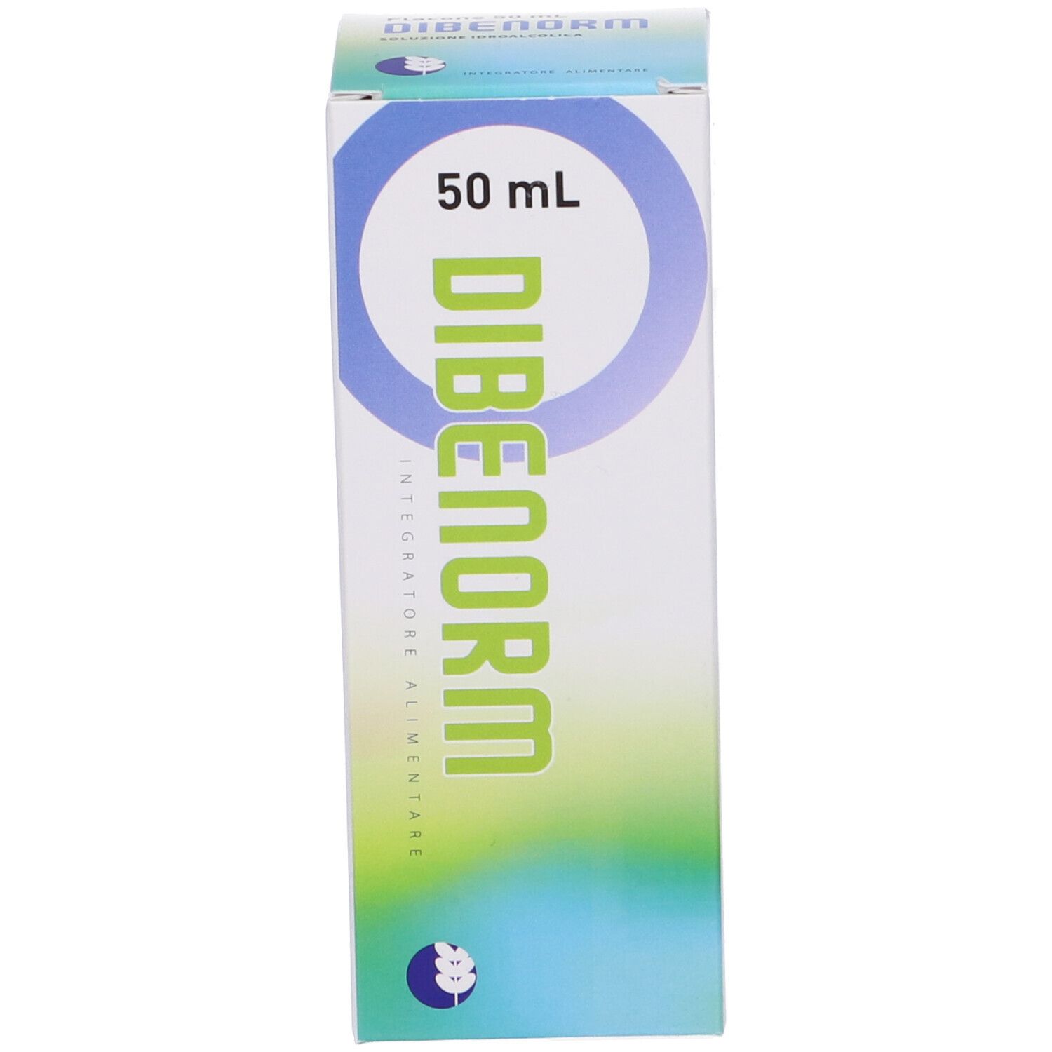 Scatola con stampa del prodotto. Colori blu e bianco. Scritta: DIBENORM, 50 ml.