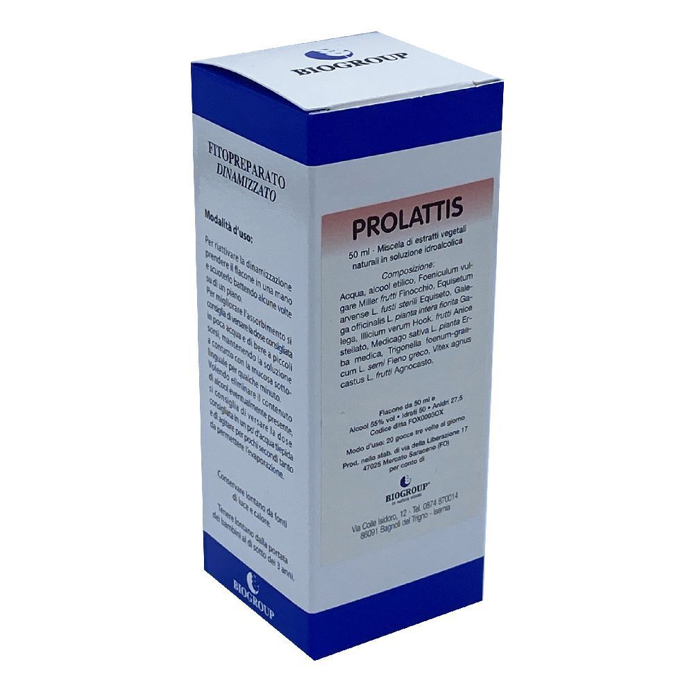 Scatola con informazioni sul prodotto. Scritto: Prolattis, 50 ml. Marchio: BIOGROUP.