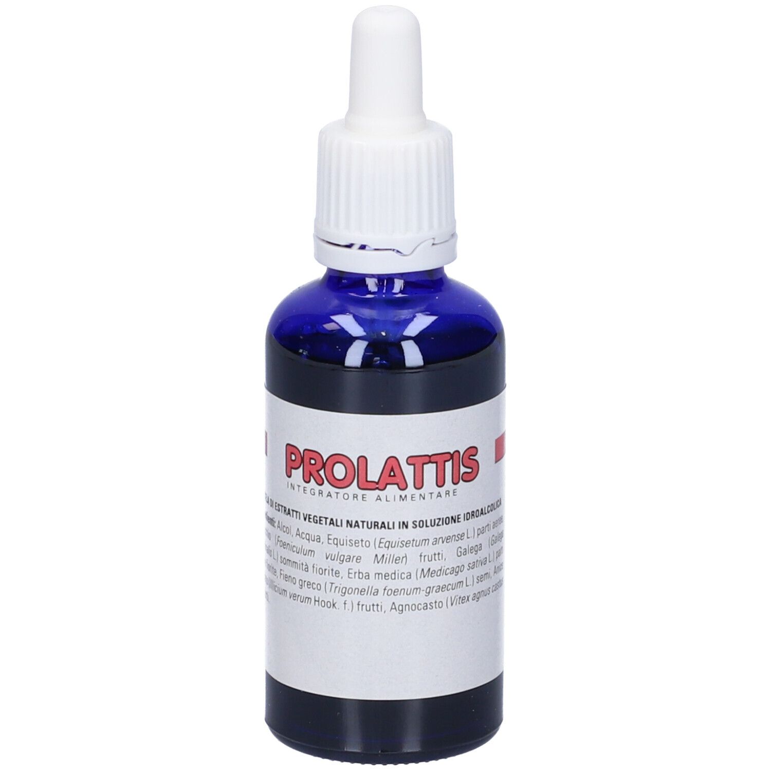 Flacone di vetro blu con contagocce bianco. Scritto: Prolattis. Etichetta con ingredienti.