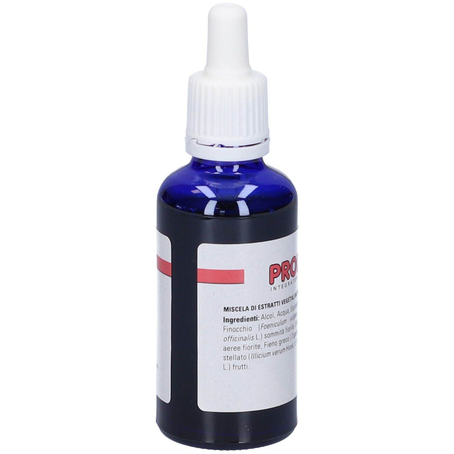 Flacone di vetro blu con contagocce bianco. Scritto: Prolattis. Etichetta con ingredienti.
