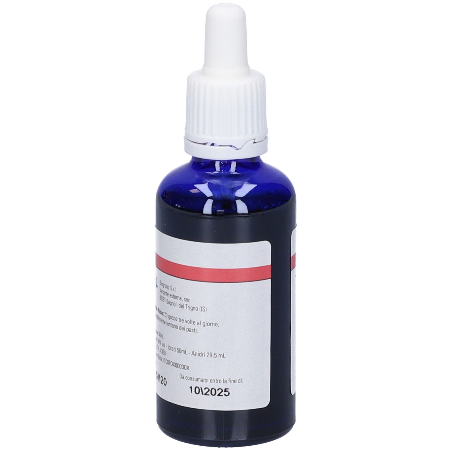 Flacone di vetro blu con contagocce bianco. Scritto: Prolattis. Etichetta con ingredienti.
