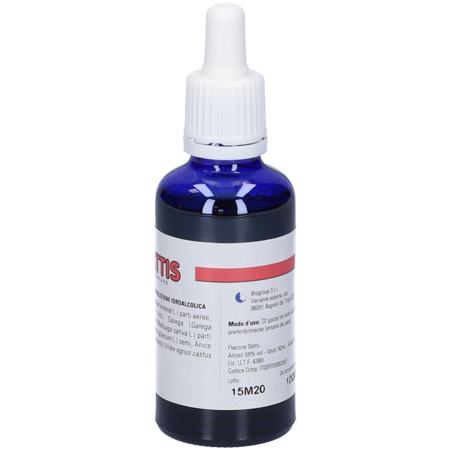 Flacone di vetro blu con contagocce bianco. Scritto: Prolattis. Etichetta con ingredienti.