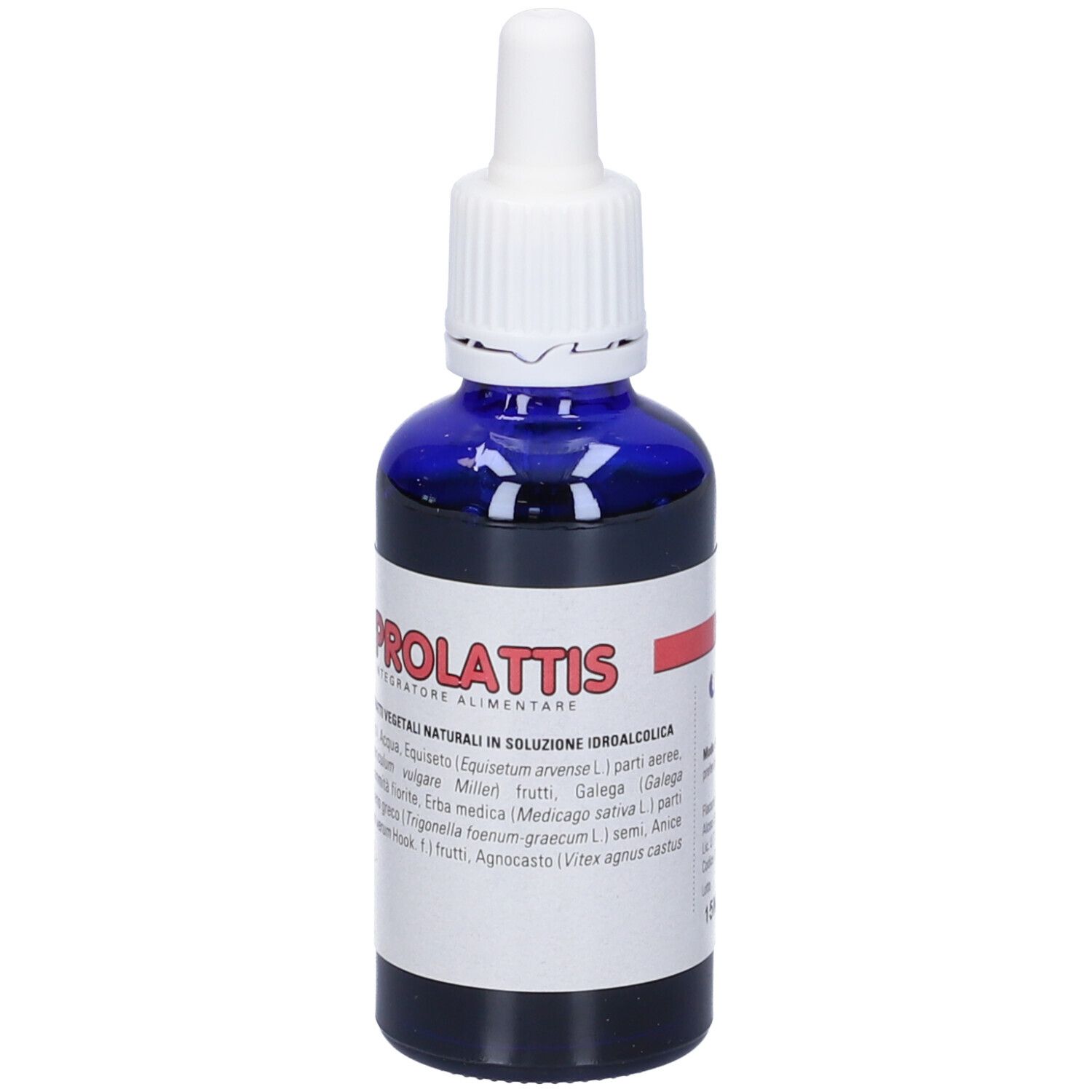 Flacone di vetro blu con contagocce bianco. Scritto: Prolattis. Etichetta con ingredienti.
