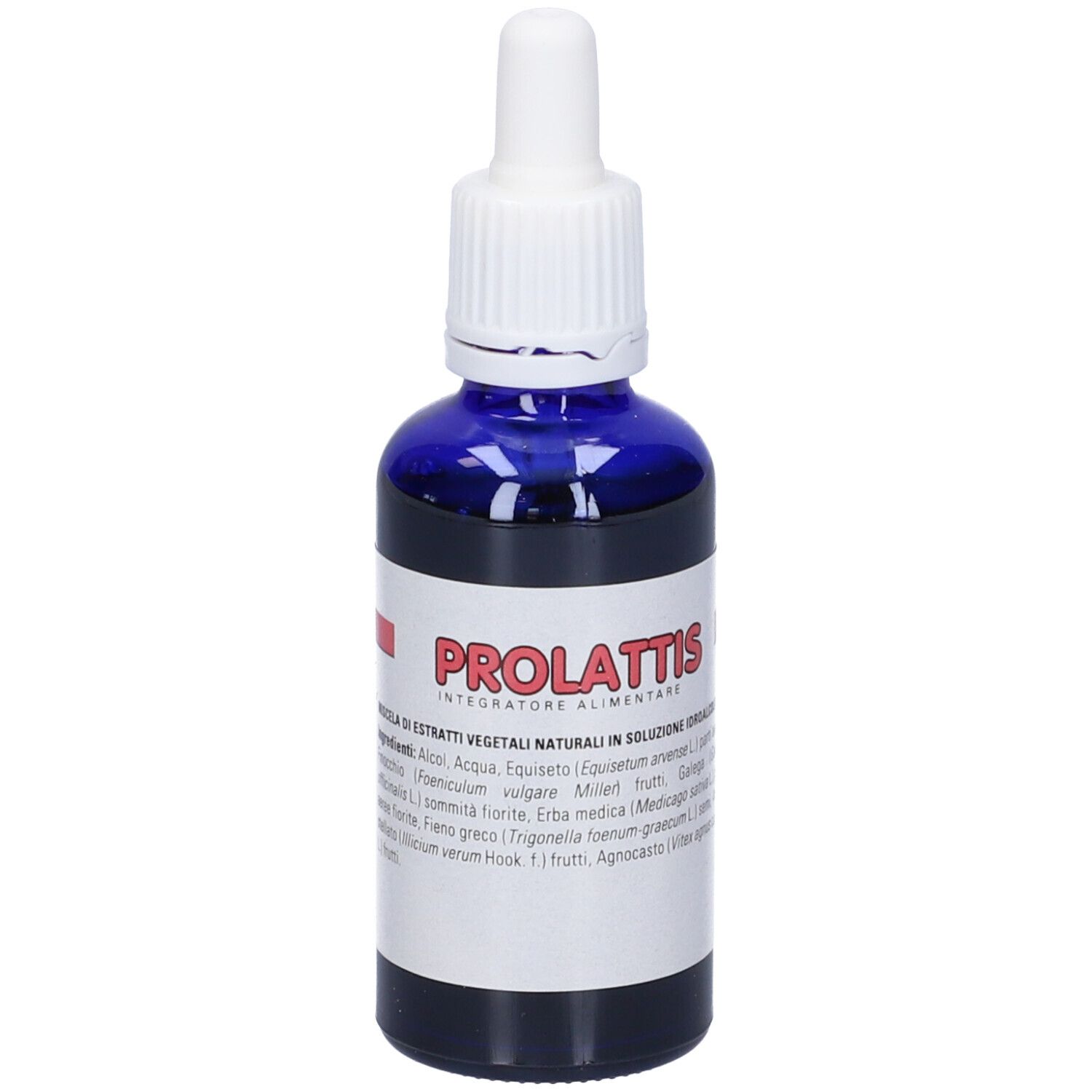 Flacone di vetro blu con contagocce bianco. Scritto: Prolattis. Etichetta con ingredienti.
