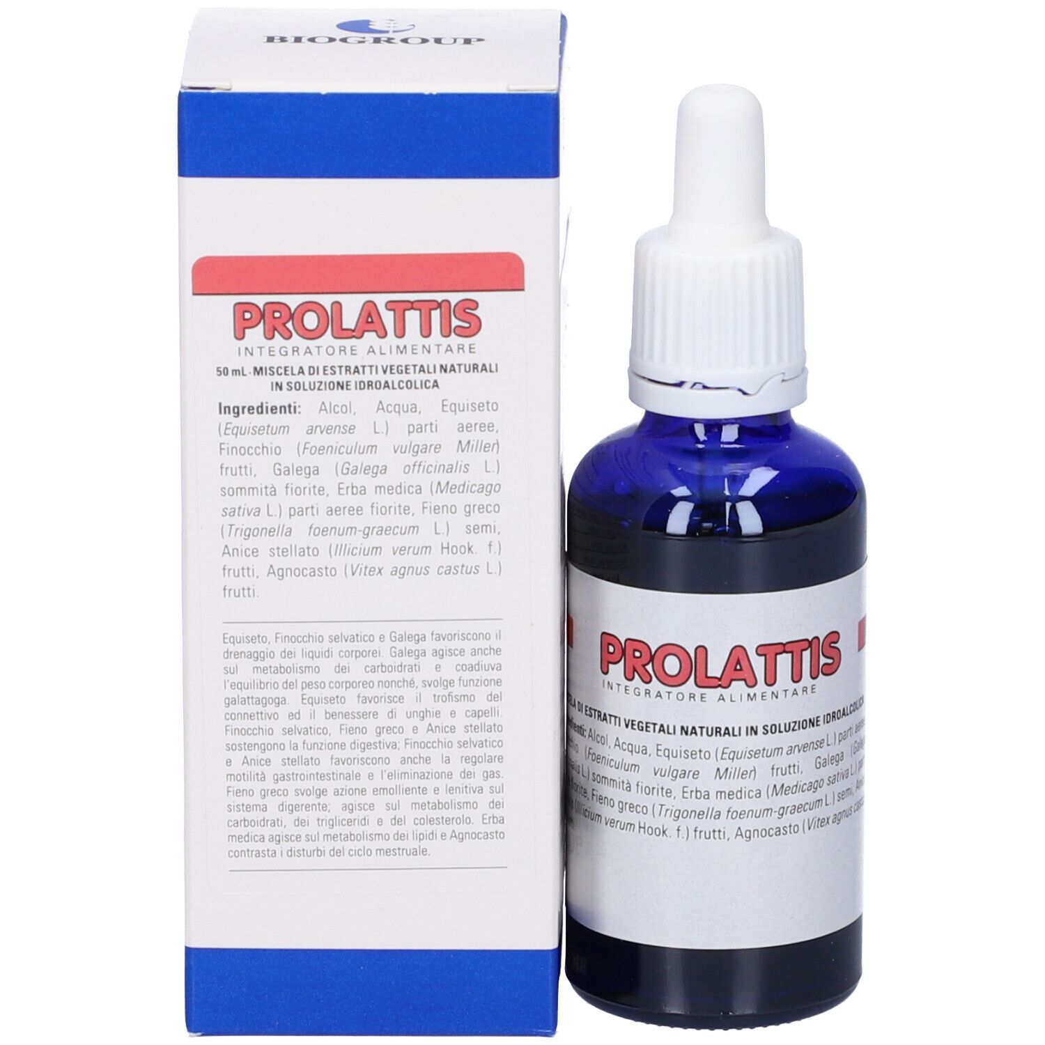 Flacone di vetro blu e scatola. Scritto: Prolattis, 50 ml. Etichetta con ingredienti.