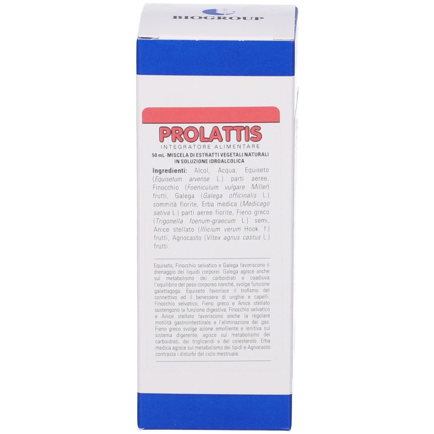 Scatola con informazioni sul prodotto. Scritto: Prolattis, 50 ml. Marchio: BIOGROUP.