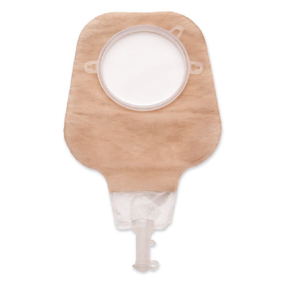 Sacca post-operatoria beige, con anello bianco e scarico trasparente.