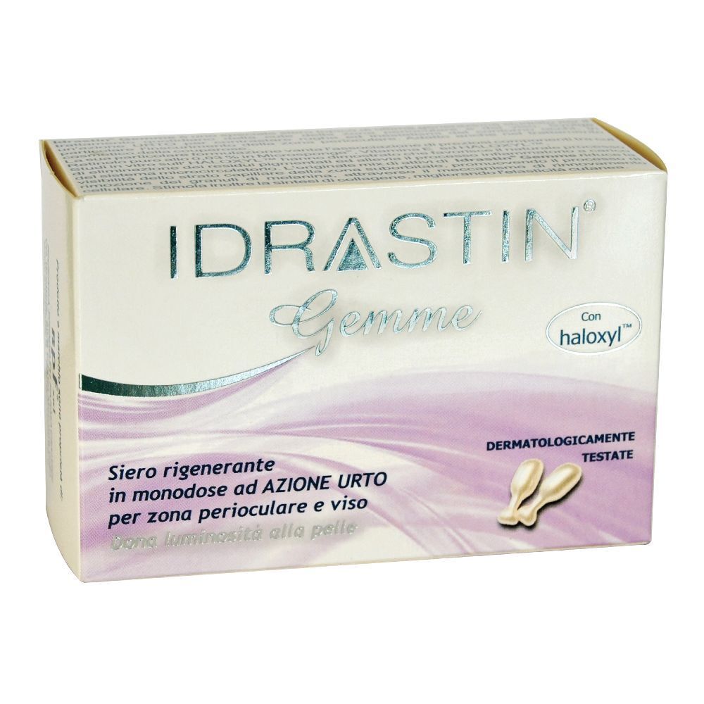 Scatola Idrastin Gemme con capsule. Testo: Siero rigenerante in monodose, dermatologicamente testato.