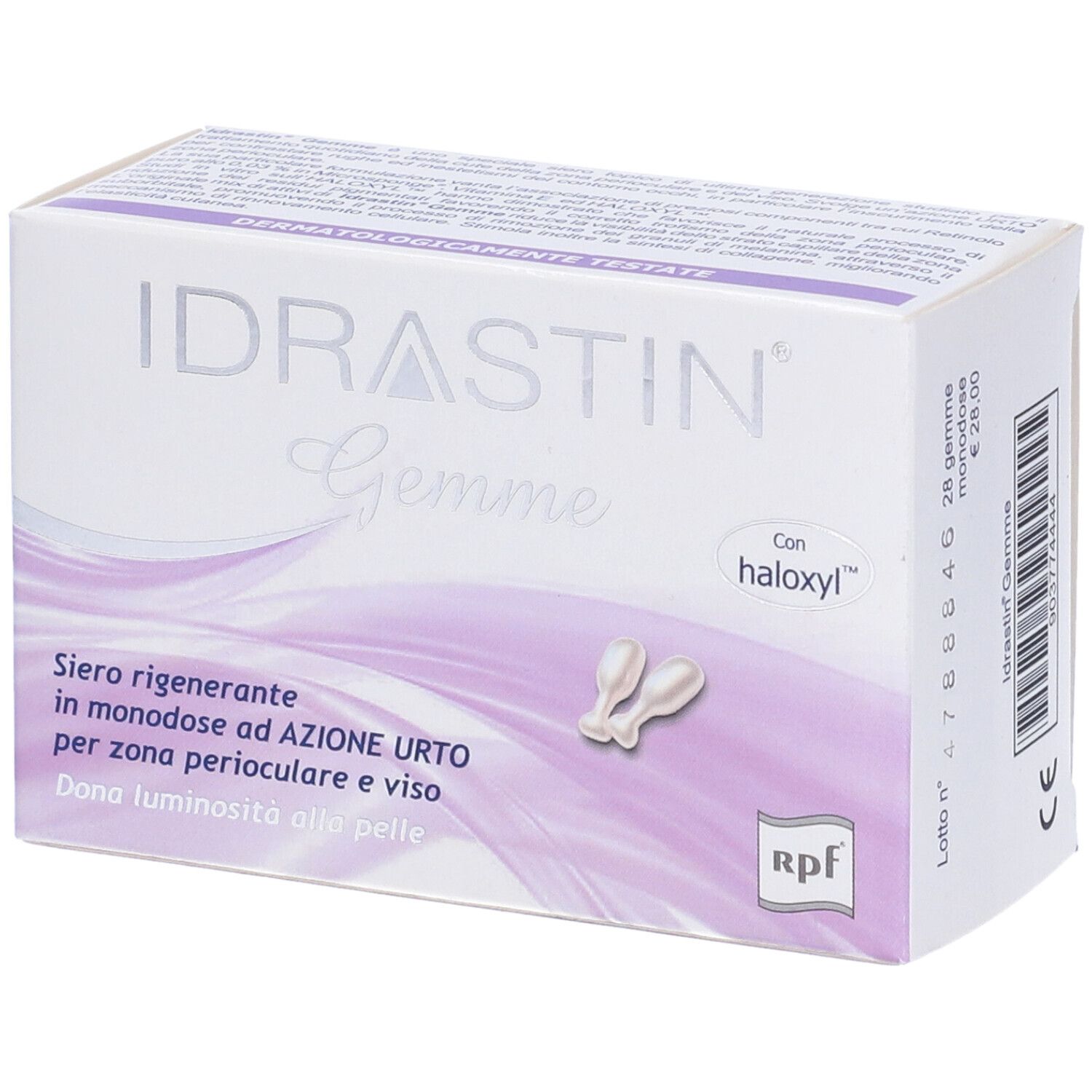 Confezione Idrastin Gemme con 28 monodose. Testo: Siero rigenerante, dermatologicamente testato.