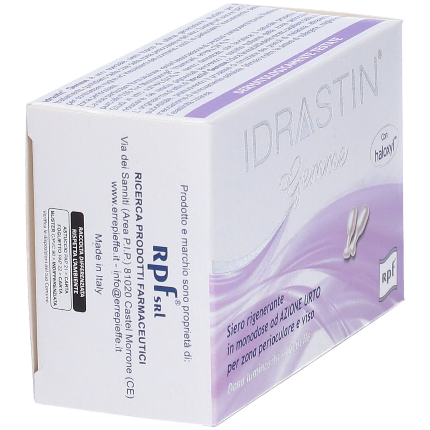 Confezione Idrastin Gemme, vista dall'alto. Testo: Siero rigenerante, dermatologicamente testato.