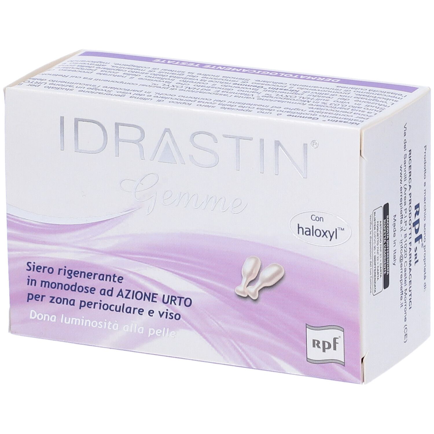 Confezione Idrastin Gemme, vista dall'alto. Testo: Siero rigenerante, dermatologicamente testato.