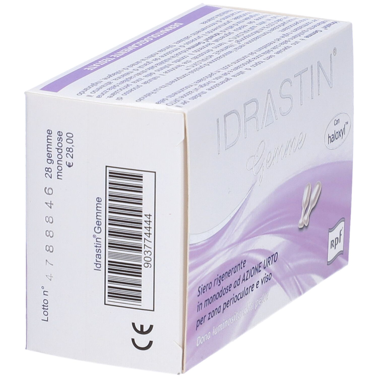 Confezione Idrastin Gemme, retro con informazioni. Testo: Siero rigenerante, dermatologicamente testato.