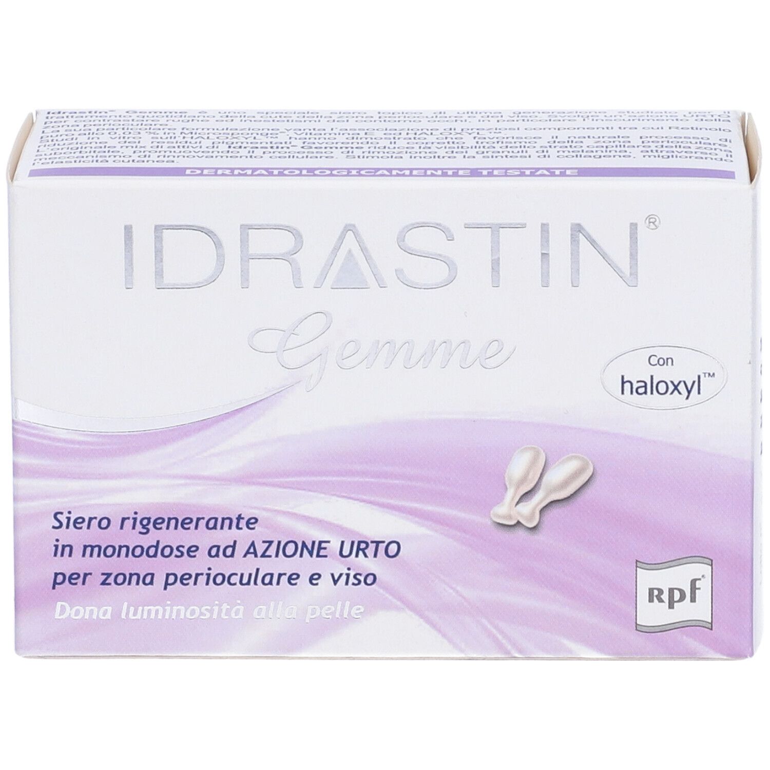 Confezione Idrastin Gemme. Testo: Siero rigenerante, dermatologicamente testato.