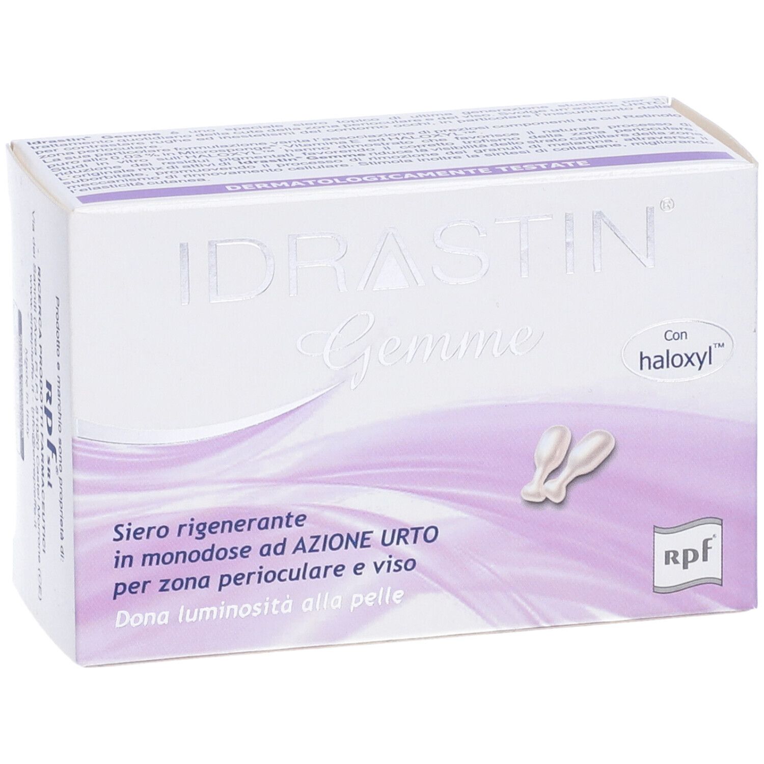 Confezione Idrastin Gemme. Testo: Siero rigenerante, dermatologicamente testato.