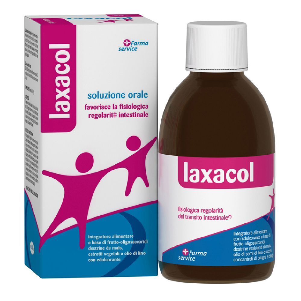 Scatola e flacone Laxacol Soluzione Orale. Flacone marrone, tappo bianco. Scatola bianca, testo e illustrazione rosa.