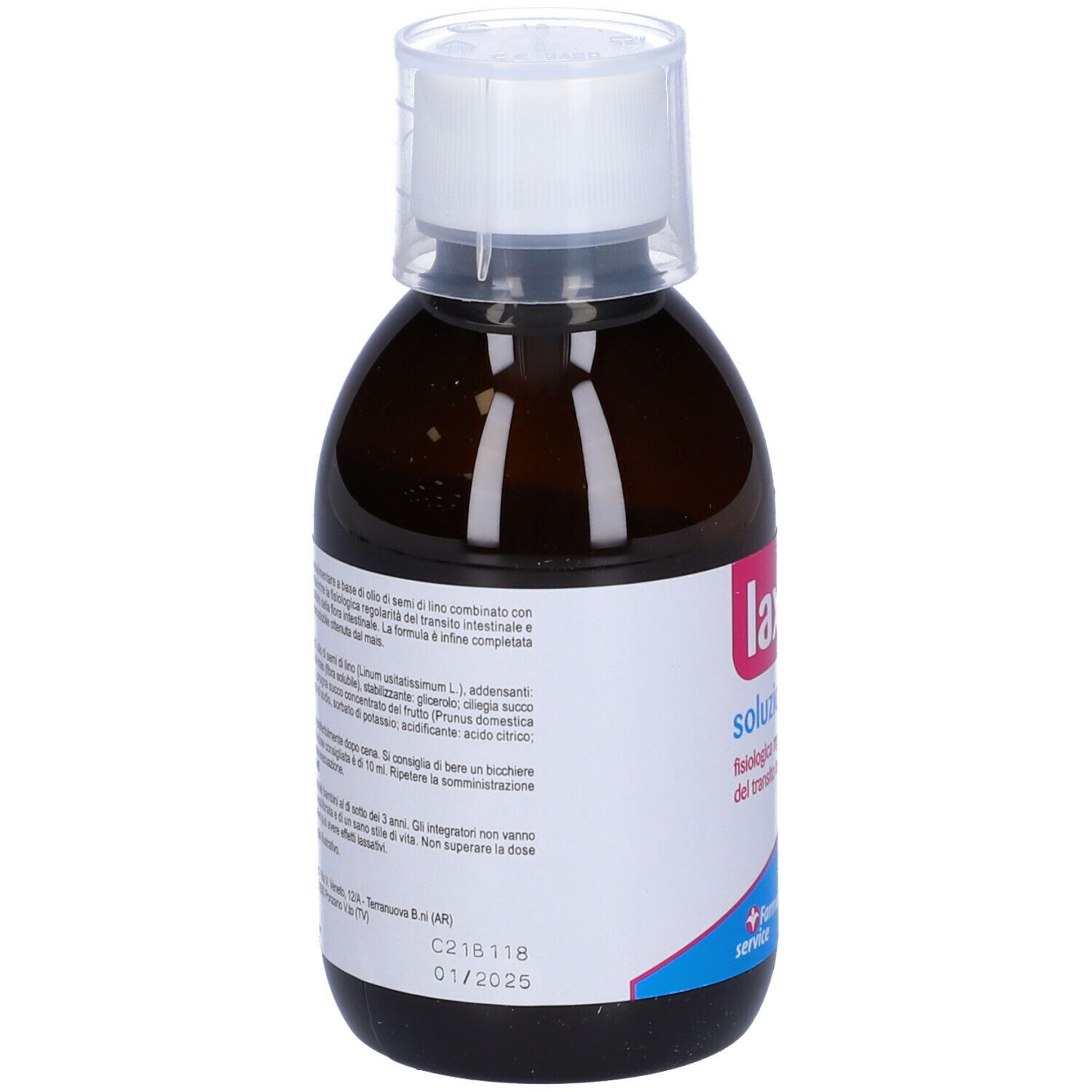 Flacone marrone Laxacol Soluzione Orale con tappo bianco. Retro con testo. Logo Farma Service.