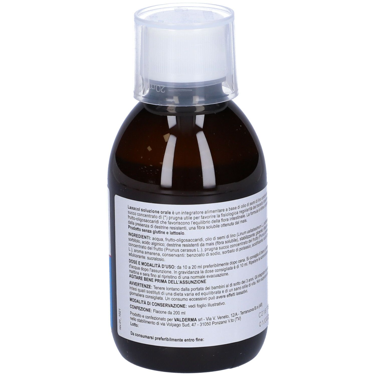 Flacone marrone Laxacol Soluzione Orale con tappo bianco. Retro con testo. Logo Farma Service.