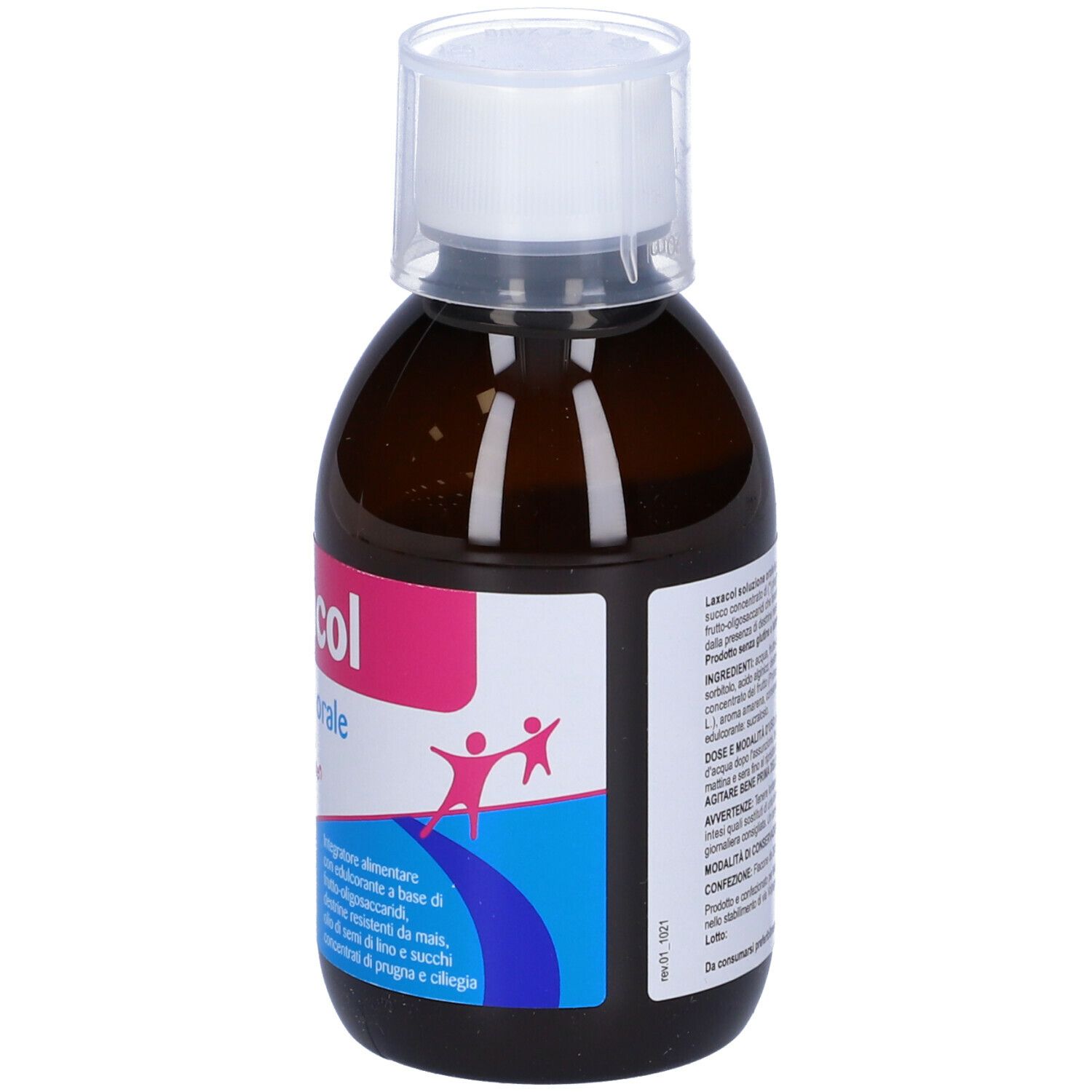 Flacone marrone Laxacol Soluzione Orale con tappo bianco. Retro con testo. Logo Farma Service.