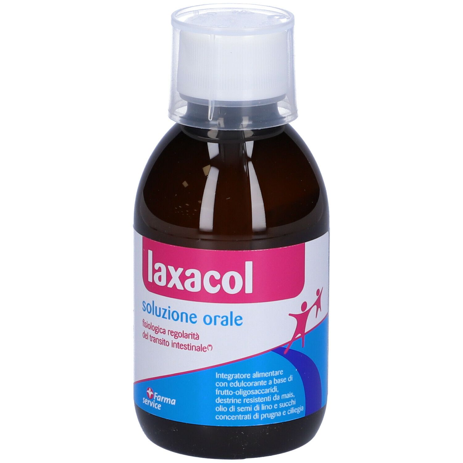 Flacone marrone Laxacol Soluzione Orale con tappo bianco. Fronte con testo e logo. Logo Farma Service.