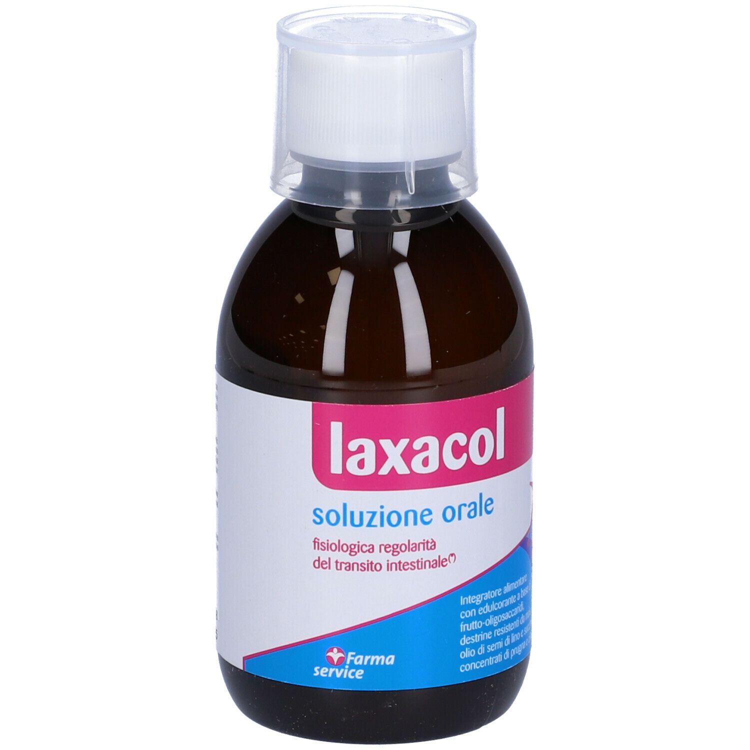 Flacone marrone Laxacol Soluzione Orale con tappo bianco. Fronte con testo e logo. Logo Farma Service.
