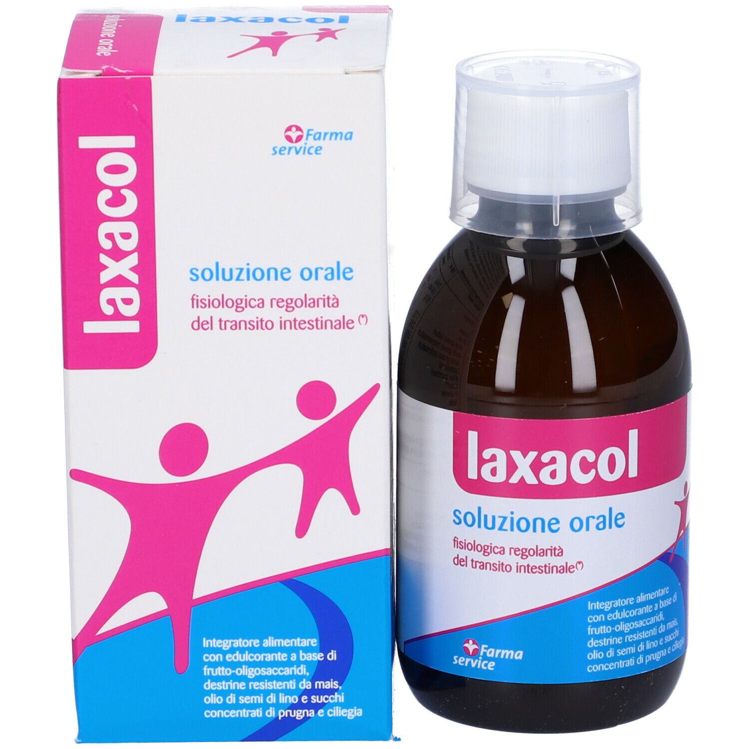 Scatola e flacone Laxacol Soluzione Orale. Flacone marrone, tappo bianco. Scatola bianca, testo e illustrazione rosa.