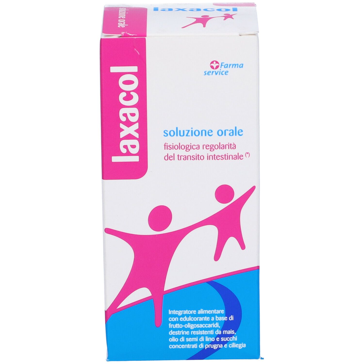 Scatola bianca Laxacol Soluzione Orale. Scritta e illustrazione rosa. Logo Farma Service.