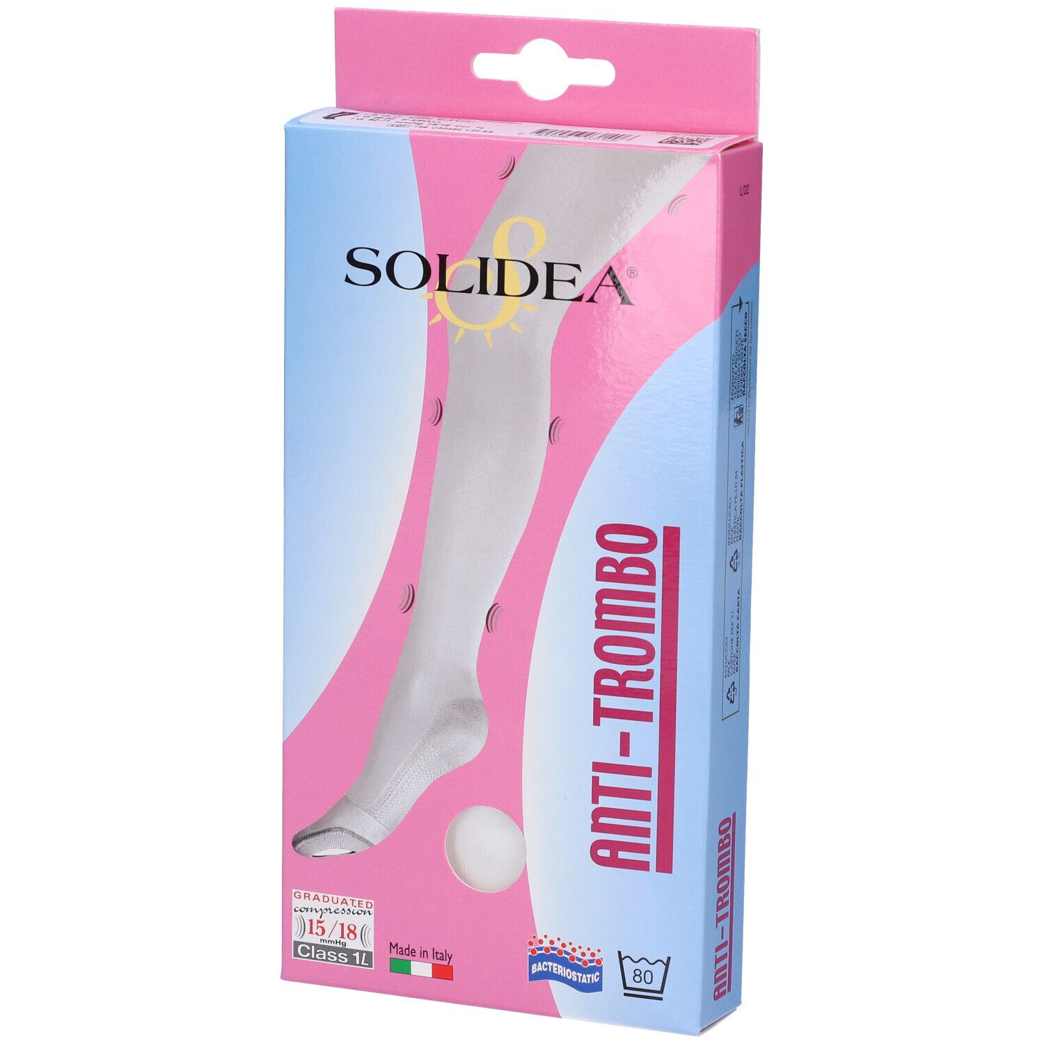 Confezione calze antitrombo bianche. Marchio SOLIDEA, scritta ANTI-TROMBO. Stampato: 15/18 mmHg, Made in Italy, antibatterico.