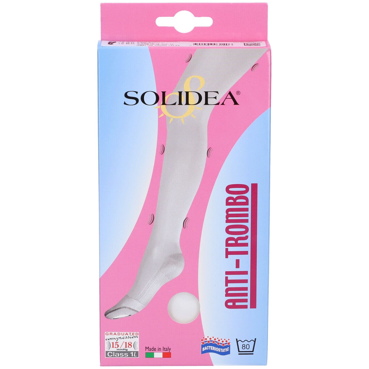 Confezione calze antitrombo bianche. Marchio SOLIDEA, scritta ANTI-TROMBO. Stampato: 15/18 mmHg, Made in Italy, antibatterico.