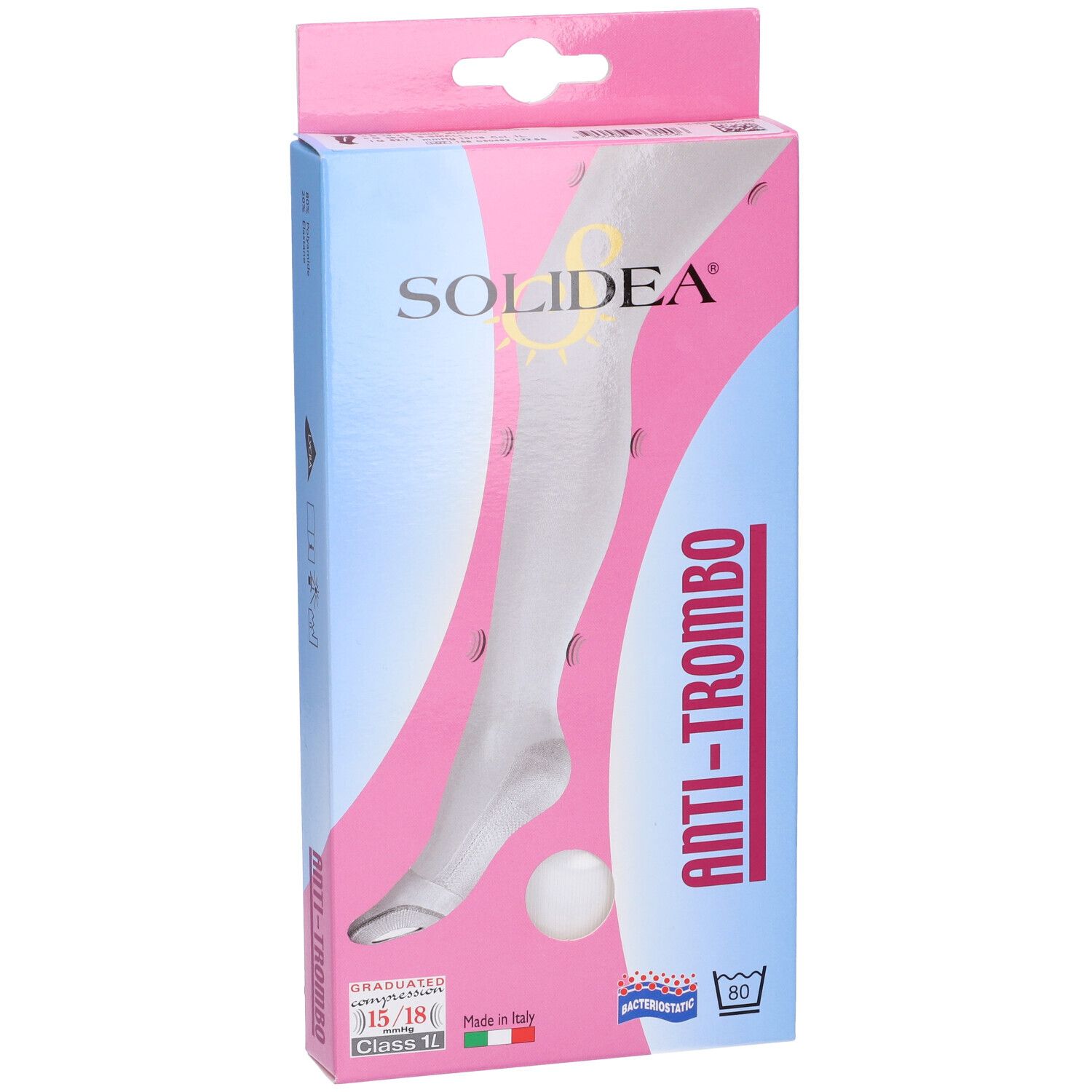 Confezione calze antitrombo bianche. Marchio SOLIDEA, scritta ANTI-TROMBO. Stampato: 15/18 mmHg, Made in Italy, antibatterico.